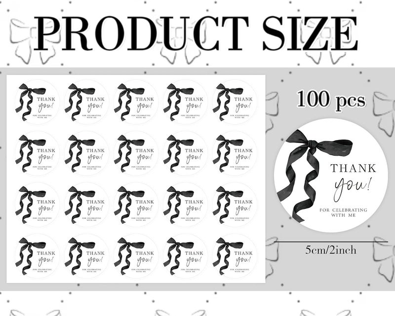 Whaline 100Pcs Bow Party Thank You Stickers 2 Inch Coquette Black Ribbon Bowknot Adhesive Seal Stickers Elegant Round Label Decals for Birthday Baby Bridal Shower Anniversary Bachelorette Party - Image 2